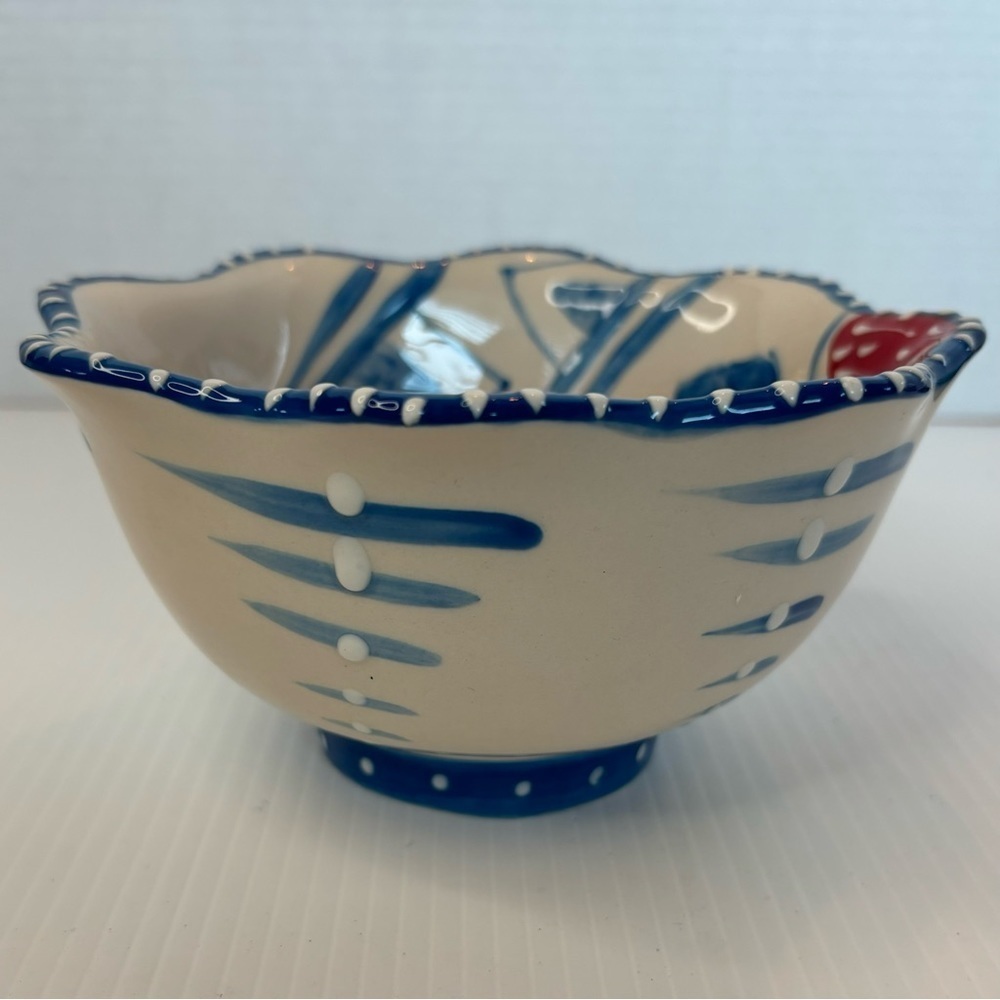 Blue Sky Ceramics Pedestal Scalloped Bowl Heather Goldminc RED BLUE FLOWERS - Picture 4 of 9
